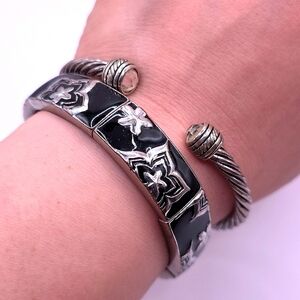 Silvertone and Black Enanel Floral Cabke Motif Cuff Bracelet